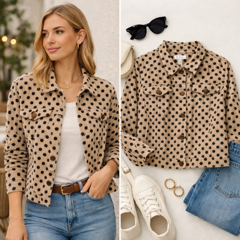 Christopher & Banks Sz PL Tan Denim Black Polka Dot Blazer Coat Jacket Casual